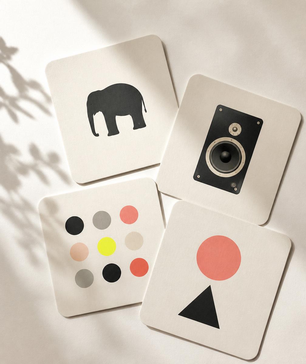 Fyra Montessori-inspirerade lärkort med elefant, högtalare, färgpalett och geometriska former